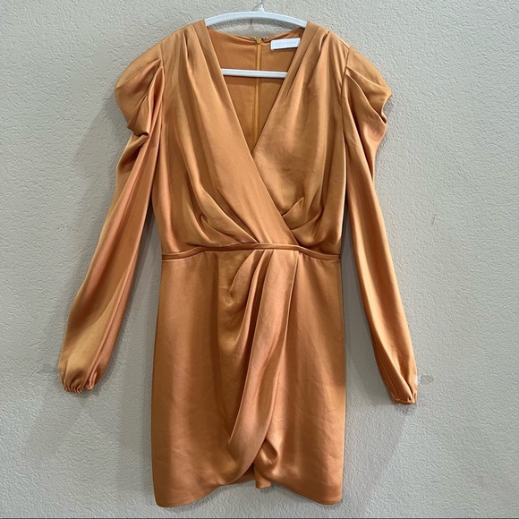 Jonathan Simkhai Womens Gold Long Puff Sleeve Mini Wrap Dress Sz 6 Wedding Party - Picture 1 of 14